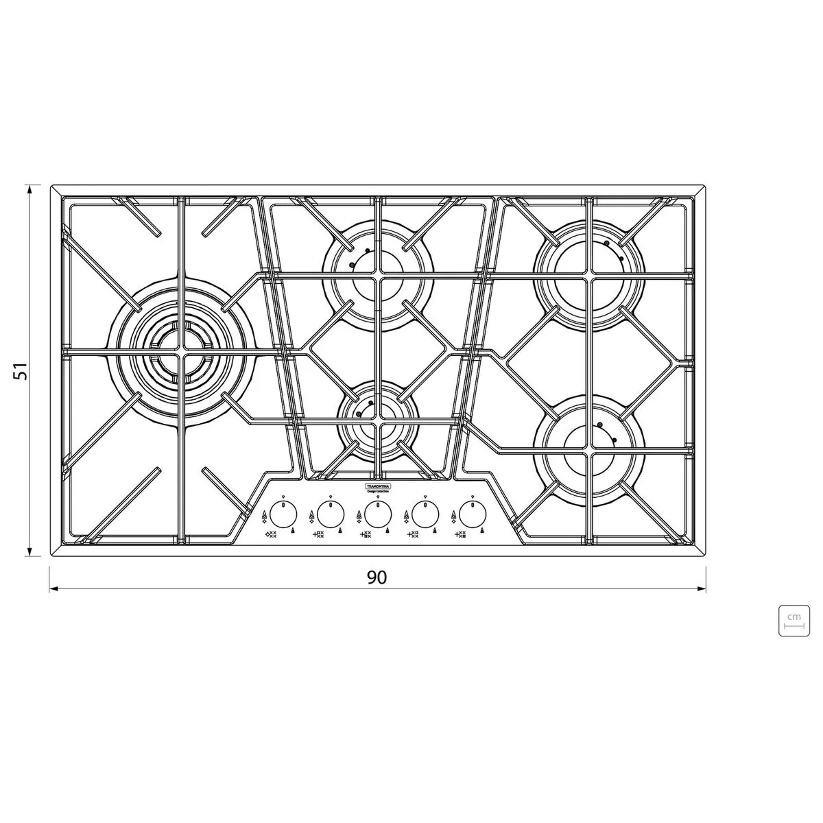 Placa de Cocción de Gas Tramontina Design Collection Penta Glass Full 5 GG B 90 en Vidrio Templado y Rejillas de Hierro Fundido - Imagen 2